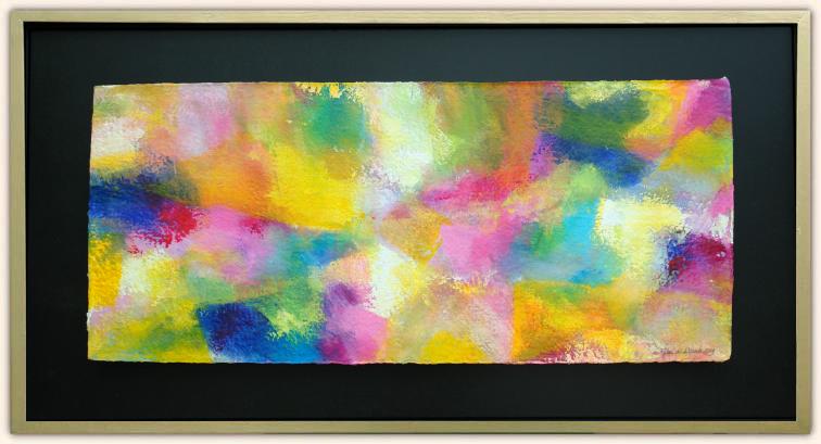 Improvisatie in rose, geel, oranje en blauw, 2009; acryl op handgeschept papier (form. ca. 75 x 32 cm)